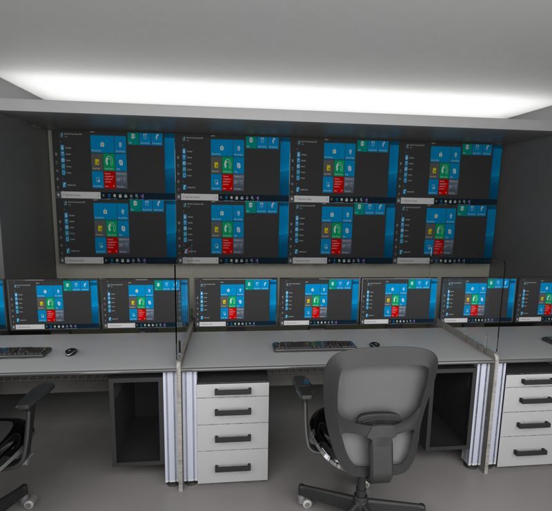 Control room design render by Oculus: operator consoles in front of a video wall, with acoustic wall panels and indirect lighting
