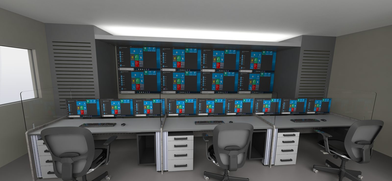 Control room design render by Oculus: operator consoles in front of a video wall, with acoustic wall panels and indirect lighting